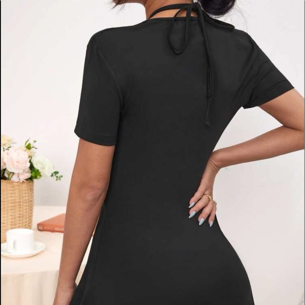 New Sexy Black Plain Asymmetrical Hem Tie Back Halter Short Sleeve Top - Picture 9 of 13